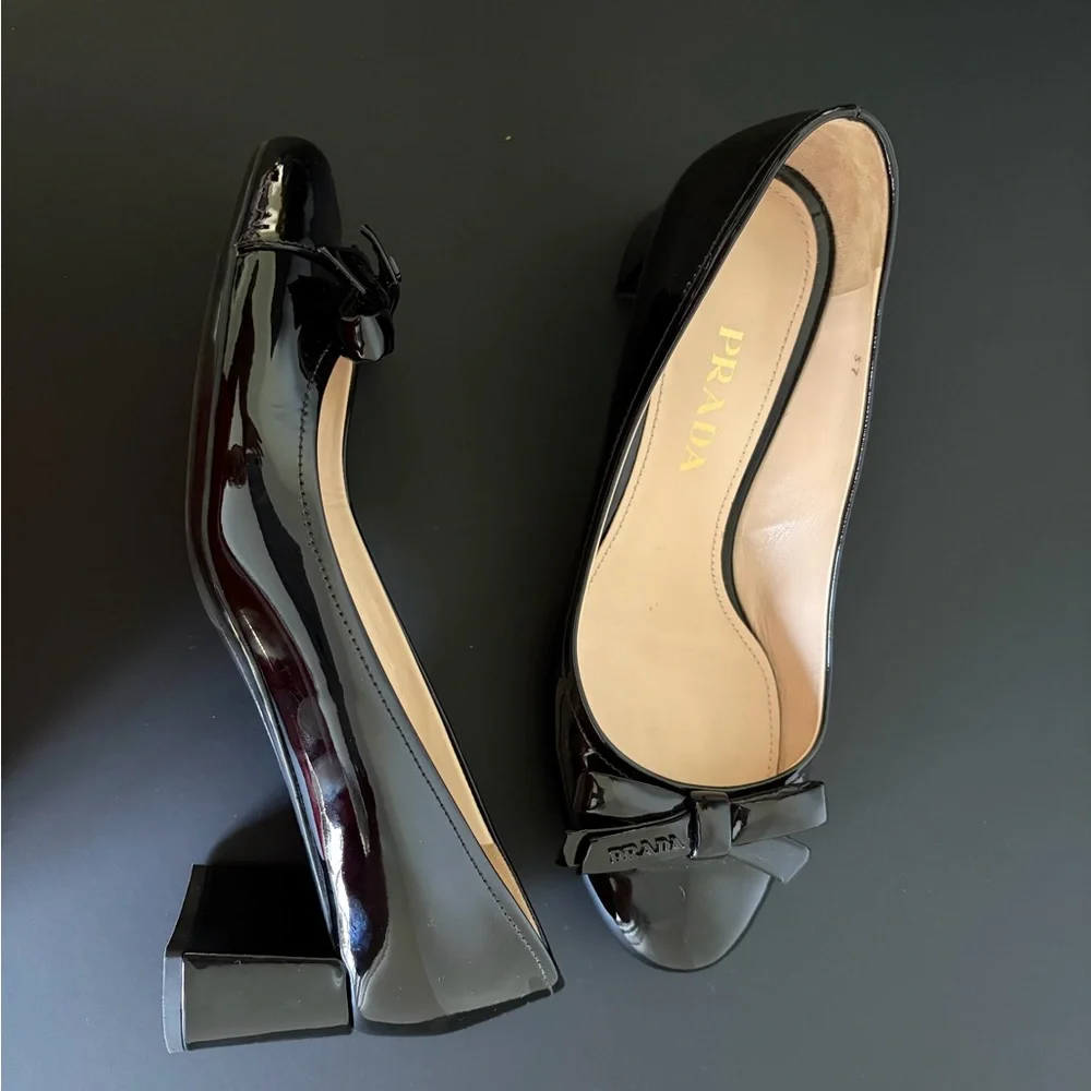 Prada Black Patent Leather Heels with Bow